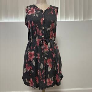 NWT HOPELY Babydoll Floral Gray Sleeveless V-Neck Button Front SunDress Large